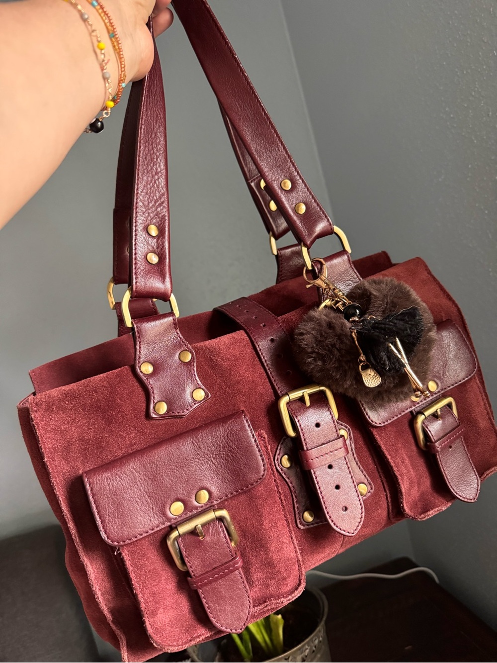Burgundy Suede & Leather Satchel Tote with Gold Hardware